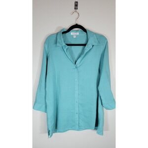 Coldwater Creek Women's 100% Linen Button Front Shirt Teal Aqua Size M